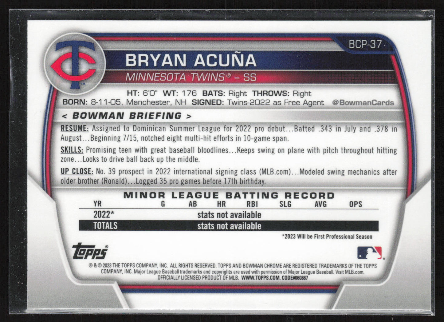 2023 Bowman #BCP-37 Bryan Acuña Chrome Prospects Mojo Refractors