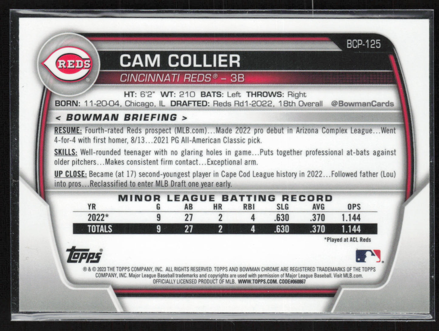 2023 Bowman #BCP-125 Cam Collier Chrome Prospects Mojo Refractors
