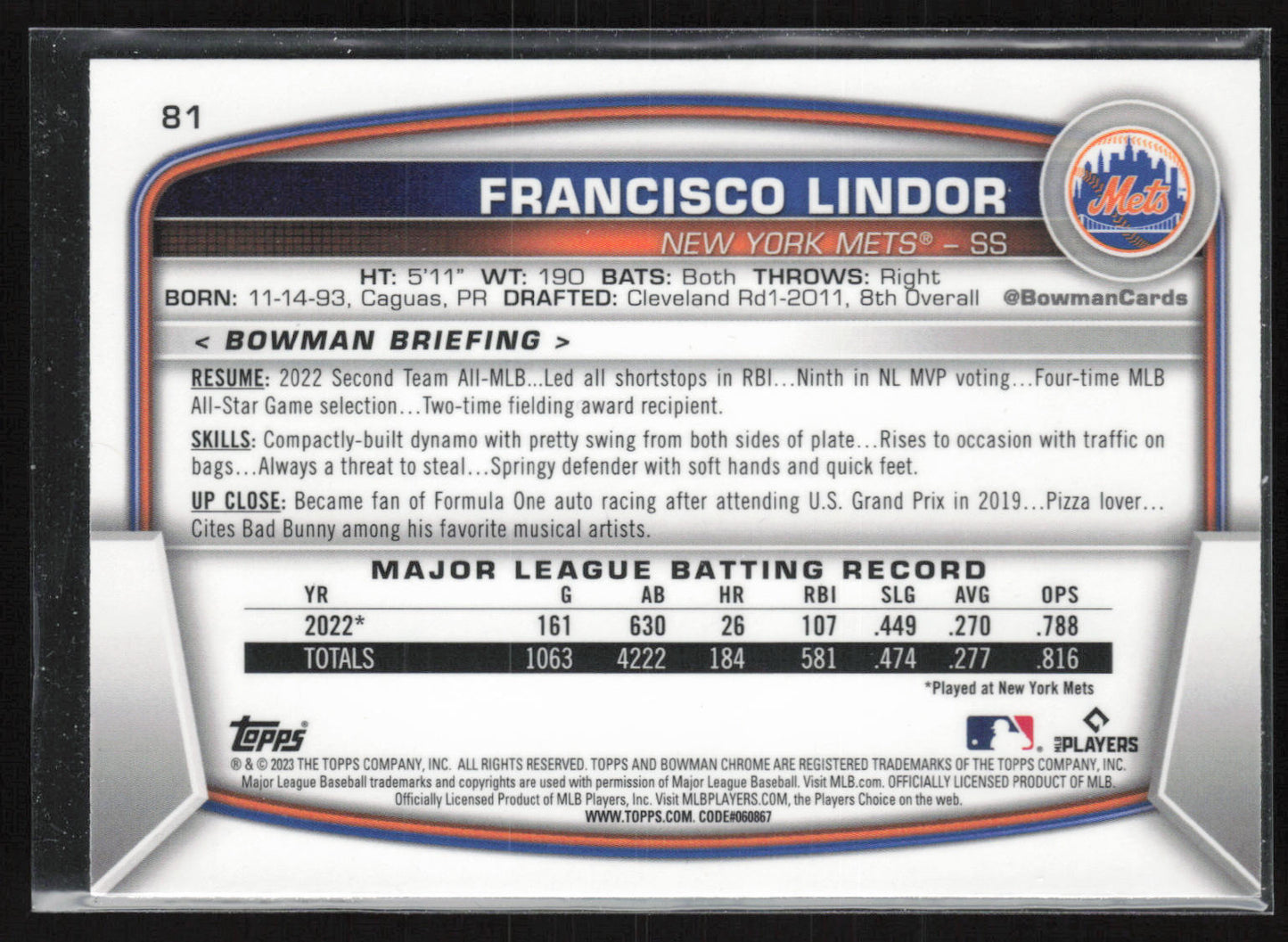2023 Bowman #81 Francisco Lindor Mojo Refractors