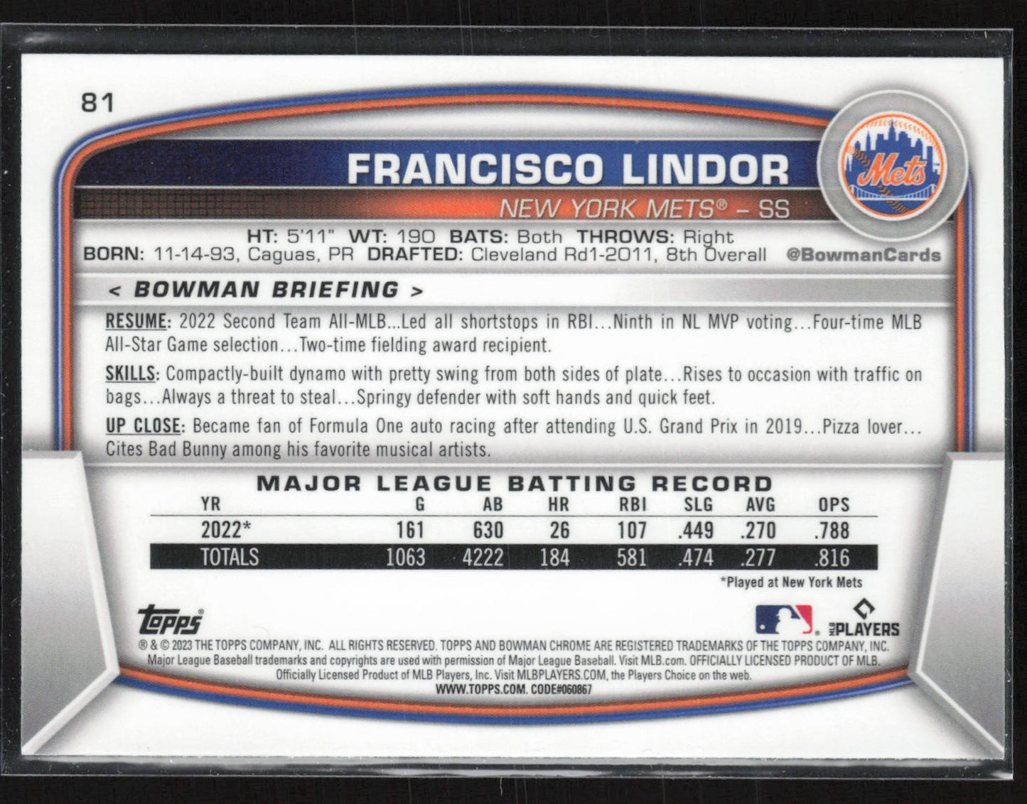 2023 Bowman #81 Francisco Lindor Mojo Refractors