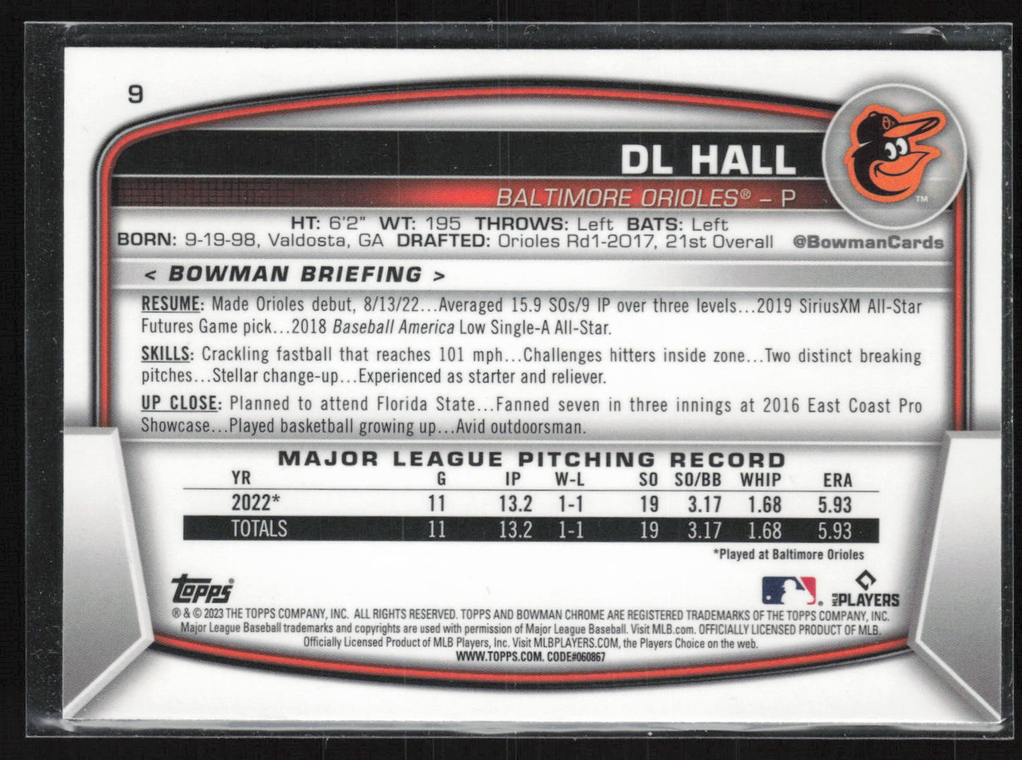 2023 Bowman #9 DL Hall Mojo Refractors