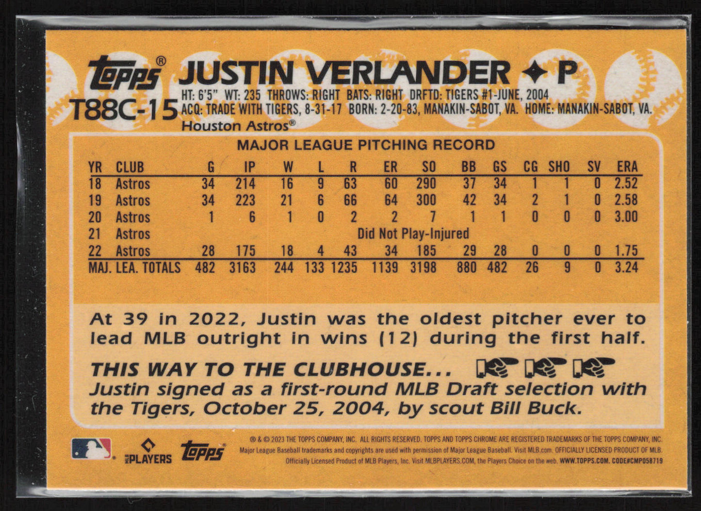 2023 Topps #T88C-15 Justin Verlander 1988 Topps Baseball 35th Anniversary Chrome