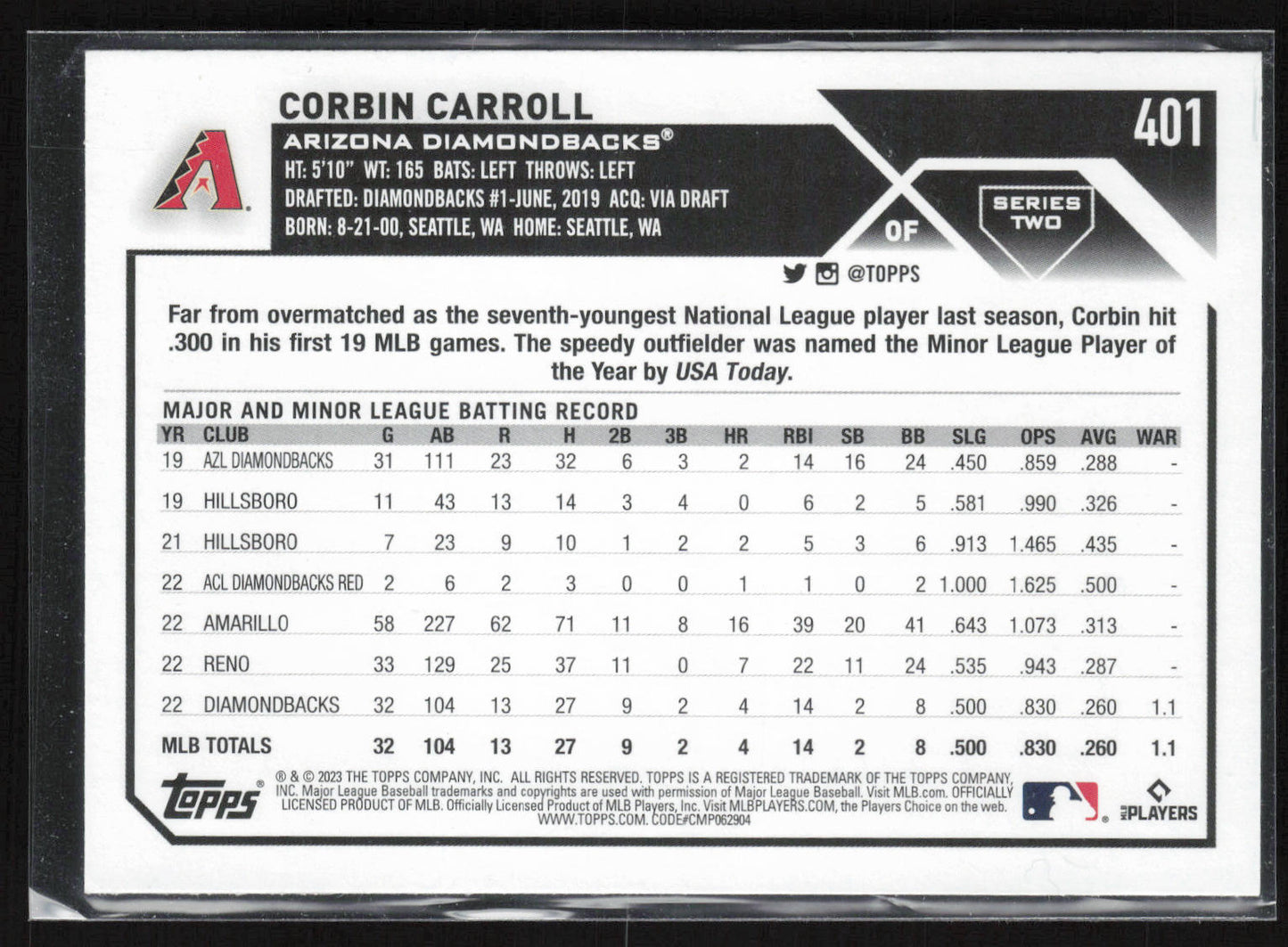 2023 Topps Arizona Diamondbacks #401 Corbin Carroll