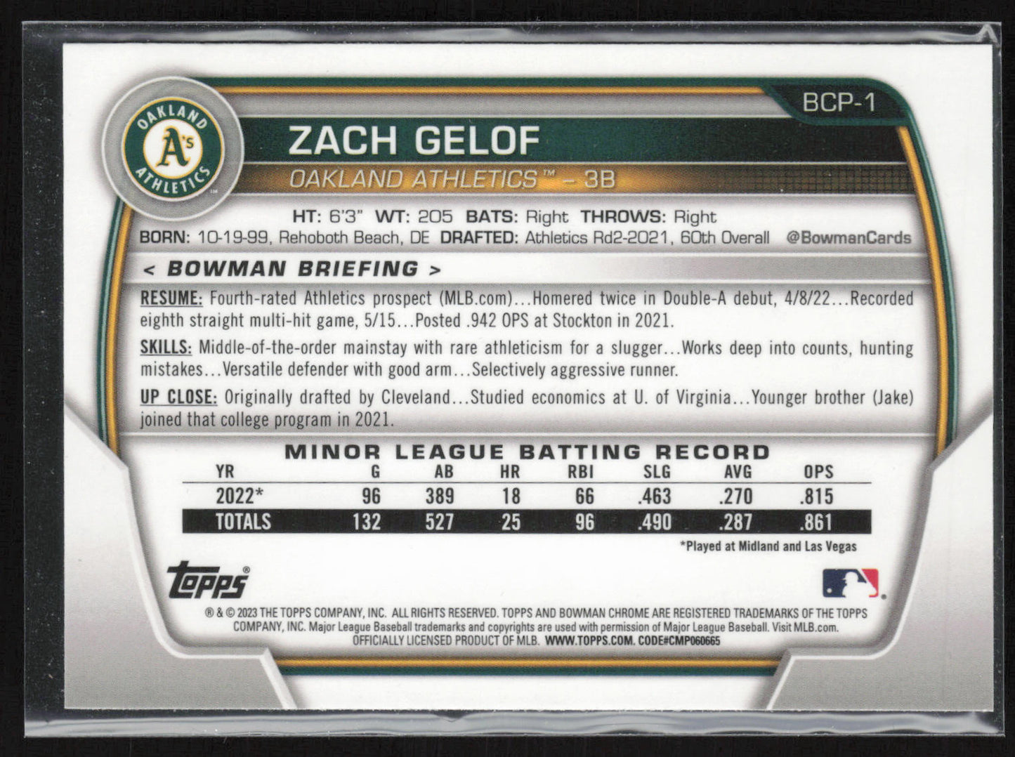 2023 Bowman #BCP-1 Zach Gelof Chrome Prospects