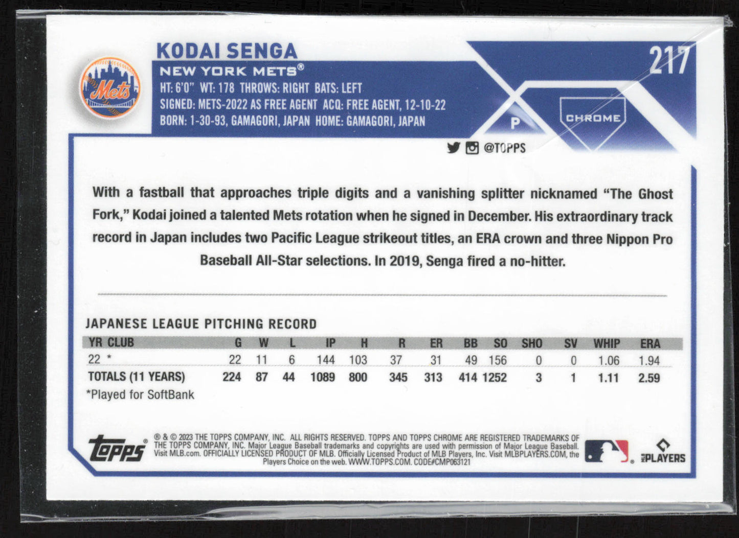 2023 Topps Chrome #217 Kodai Senga Pink Refractors