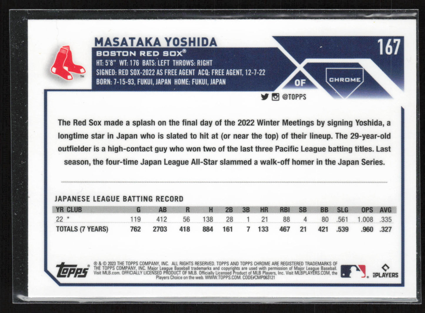 2023 Topps Chrome #167 Masataka Yoshida Sepia Refractors