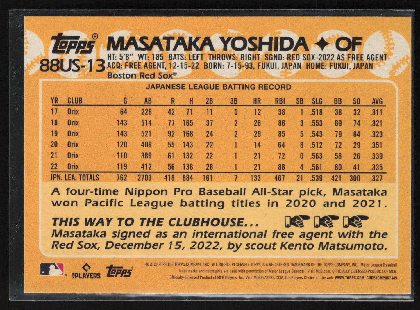2023 Topps Update #88US-13 Masataka Yoshida 1988 Topps Baseball 35th Anniversary