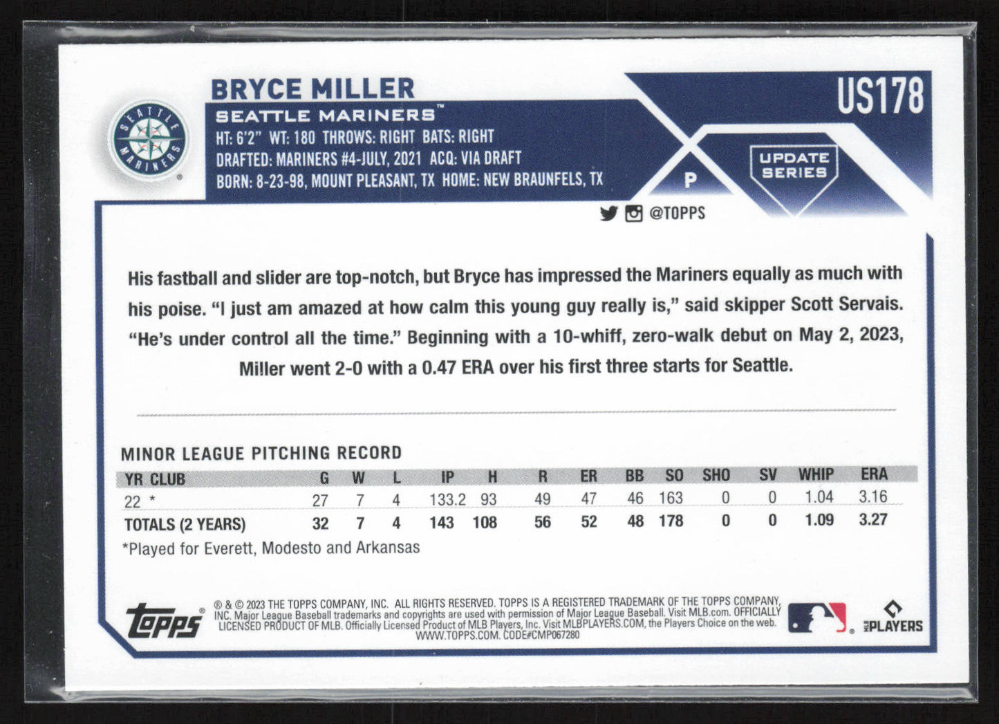 2023 Topps Update #US178 Bryce Miller
