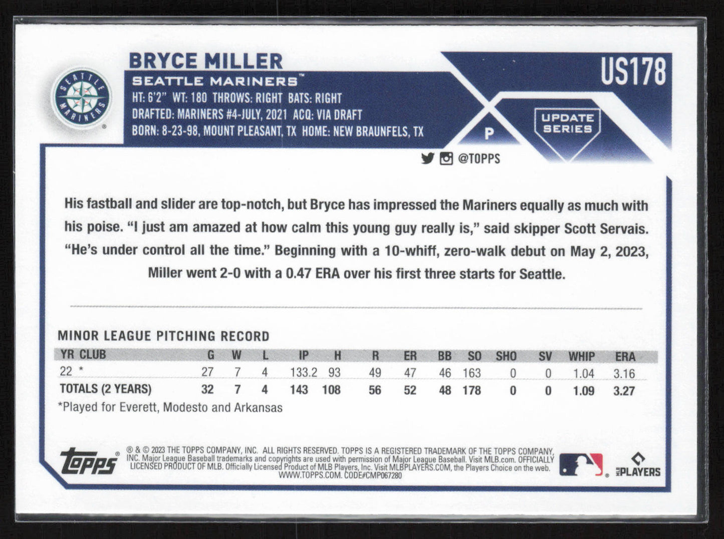 2023 Topps Update #US178 Bryce Miller