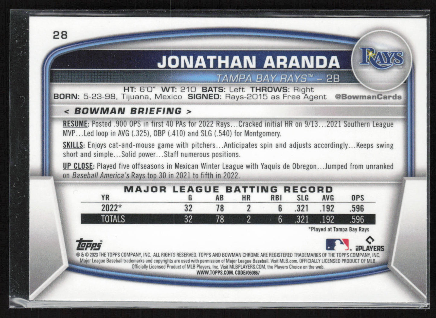 2023 Bowman #28 Jonathan Aranda Mojo Refractors