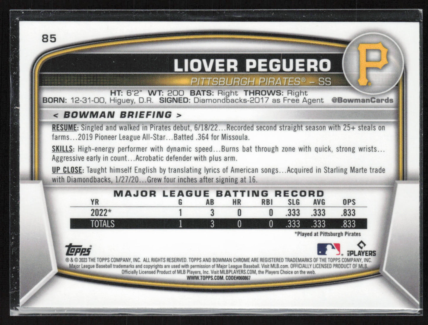2023 Bowman #85 Liover Peguero Mojo Refractors
