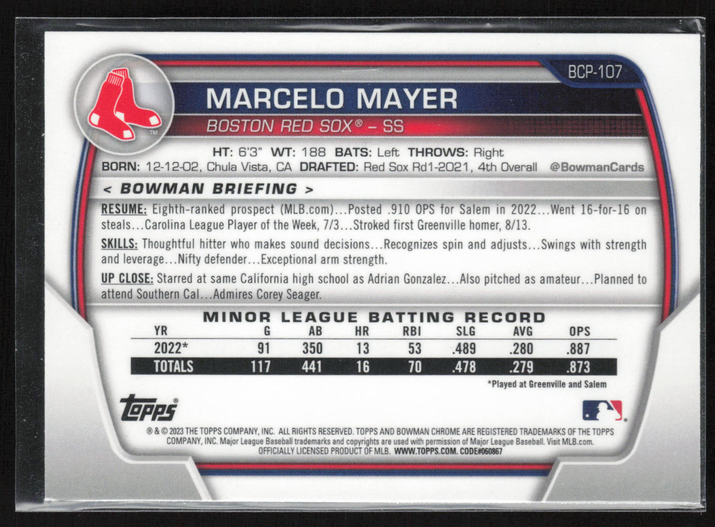 2023 Bowman #BCP-107 Marcelo Mayer Chrome Prospects Mojo Refractors