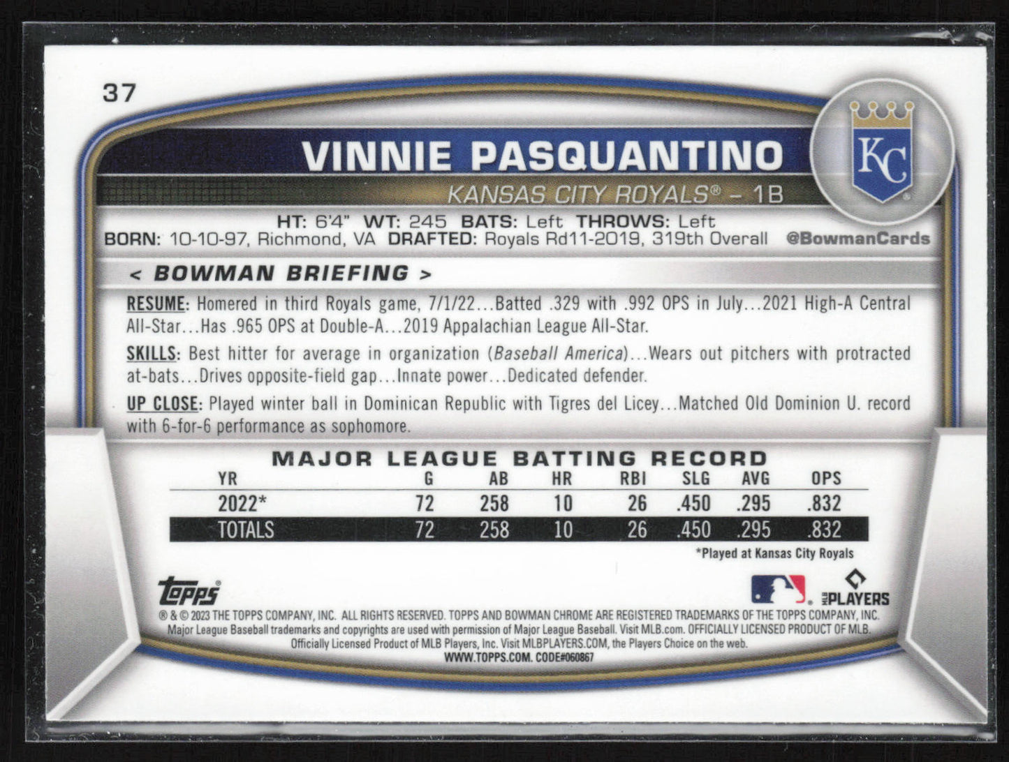2023 Bowman #37 Vinnie Pasquantino Mojo Refractors