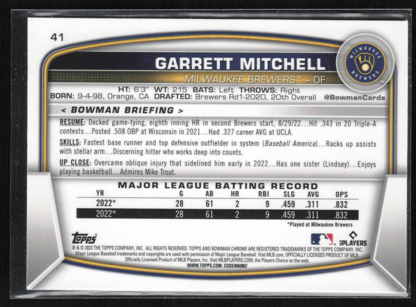 2023 Bowman #41 Garrett Mitchell Mojo Purple Refractors #/250