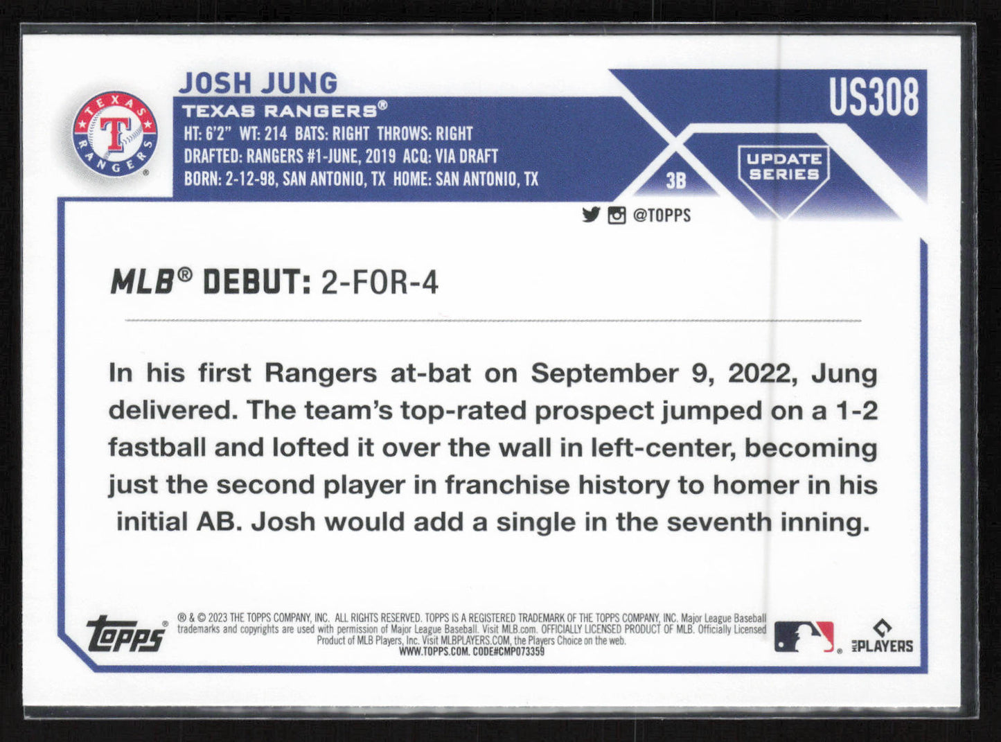 2023 Topps Update #US308 Josh Jung Orange and Black Foil