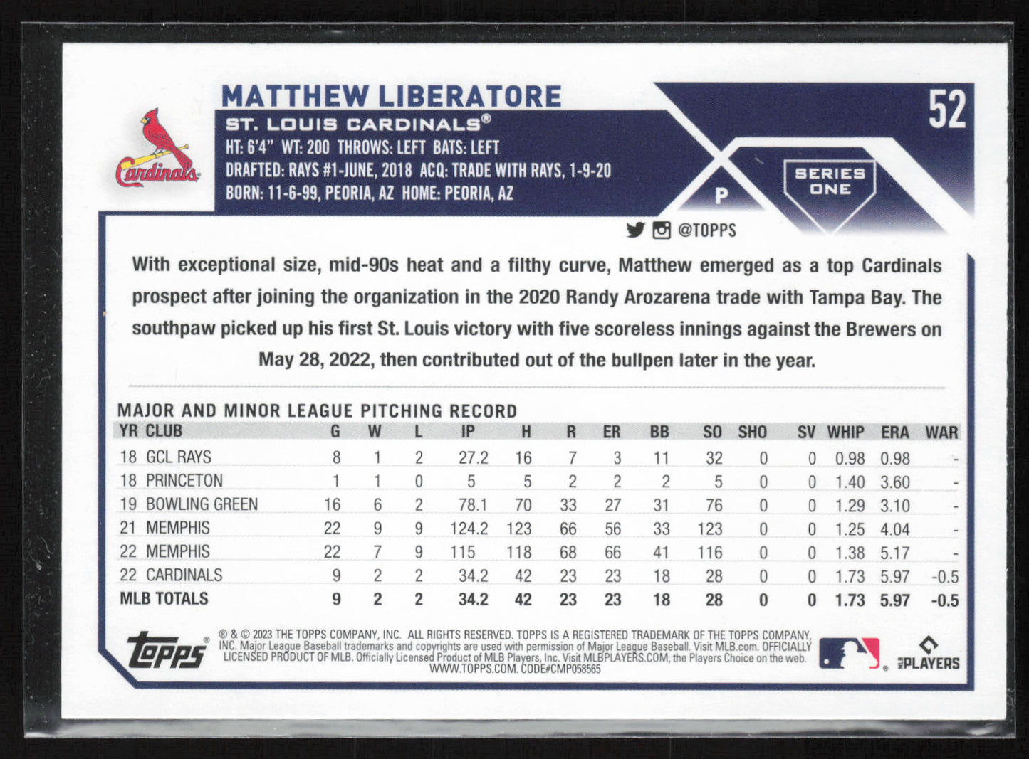 2023 Topps #52 Matthew Liberatore Rainbow Foil