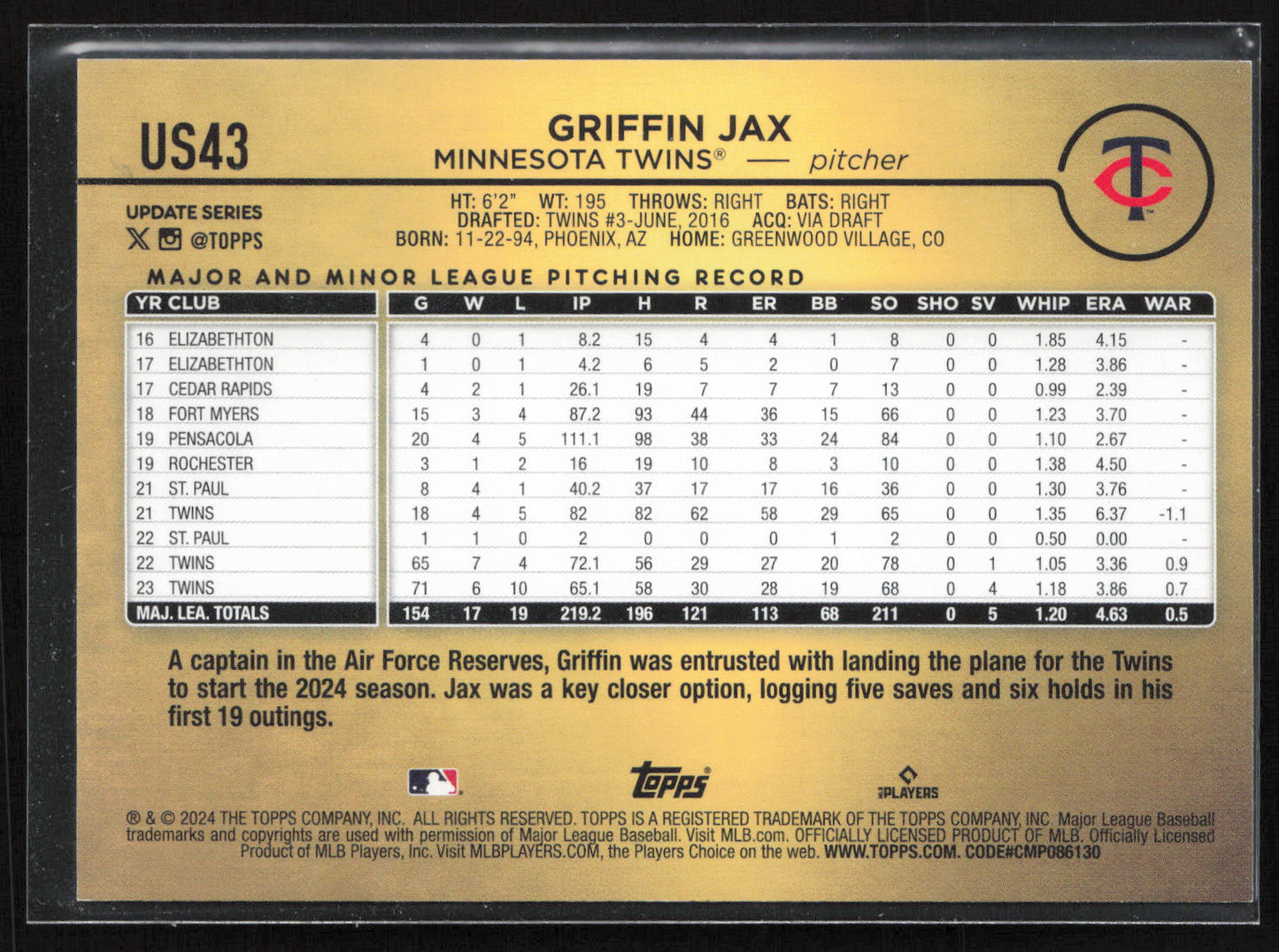 2024 Topps Update #US43 Griffin Jax SP