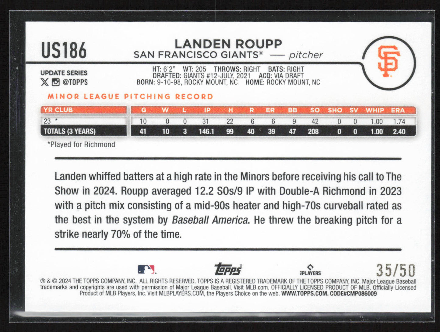 2024 Topps Update #US186 Landen Roupp Mother's Day Hot Pink #/50