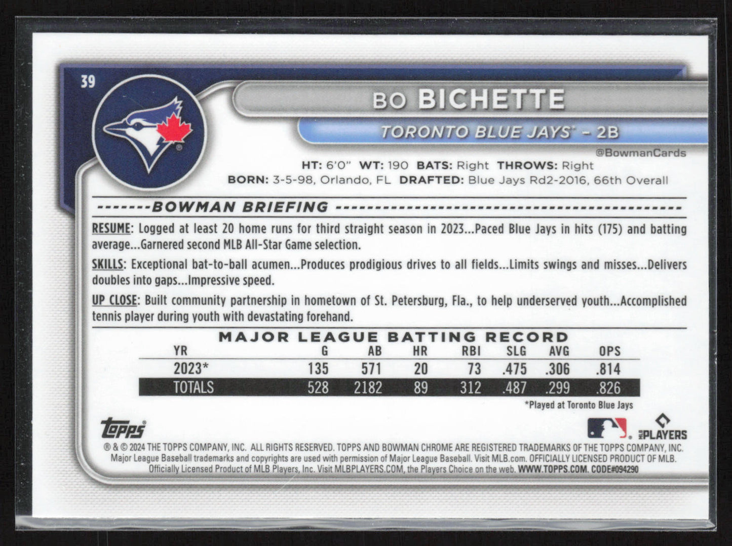 2024 Bowman Chrome #39 Bo Bichette Aqua Mojo Refractors #/299