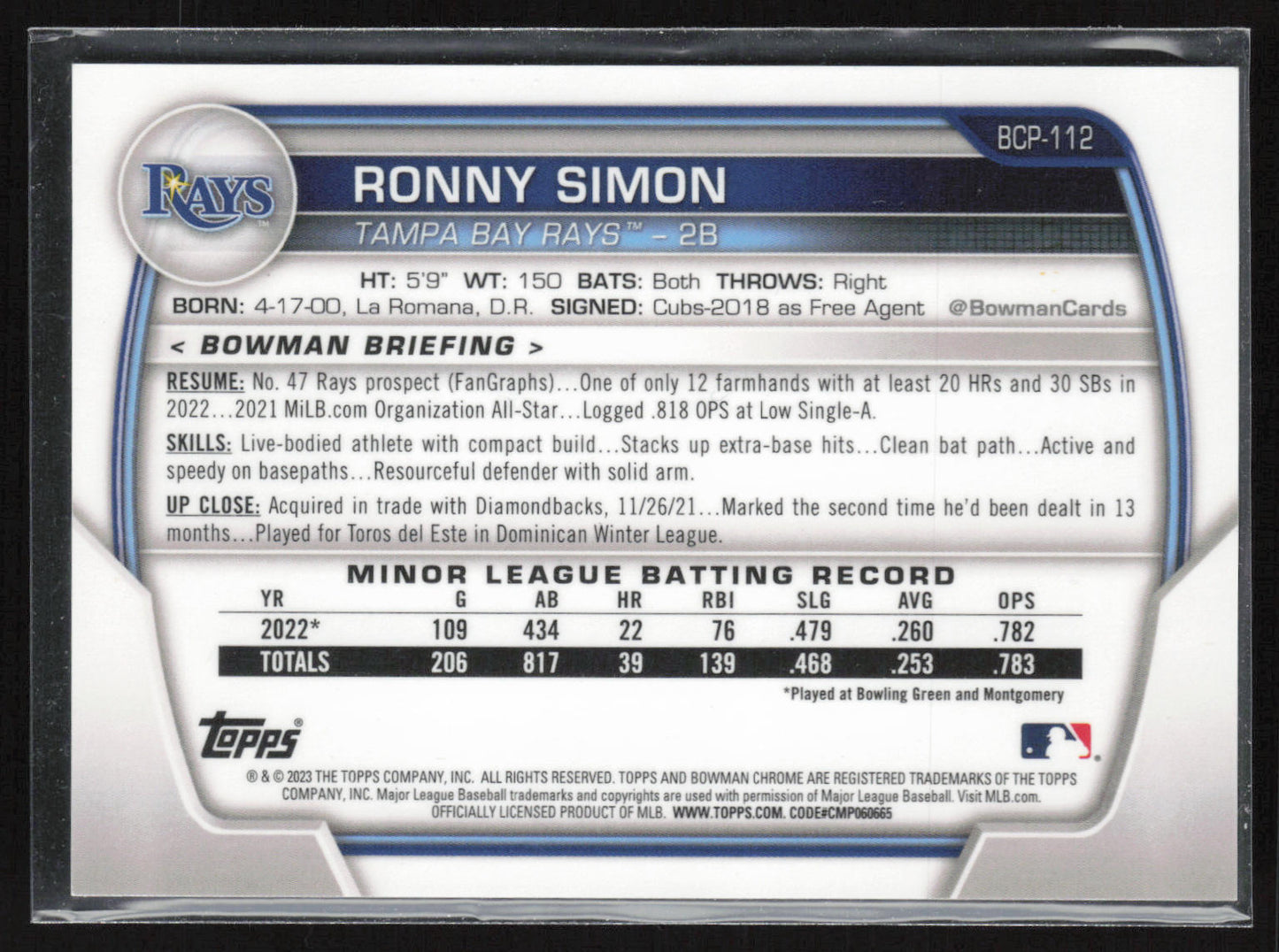 2023 Bowman #BCP-112 Ronny Simon Chrome Prospects Blue Refractors #/150
