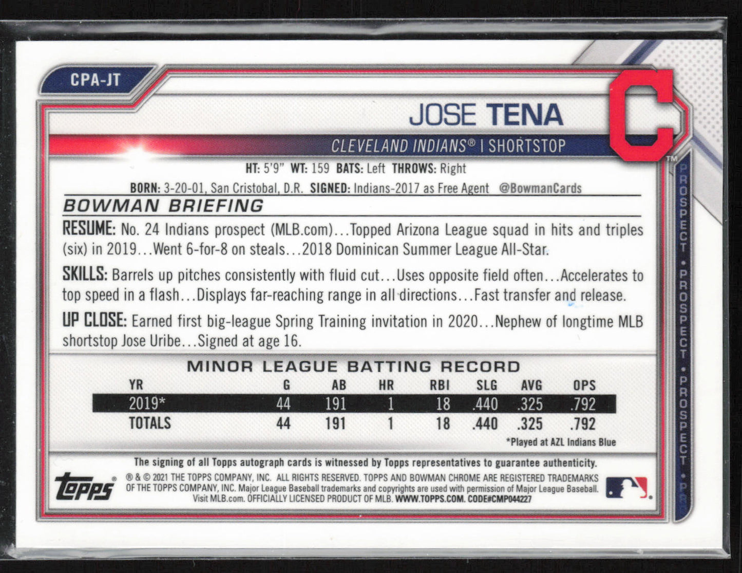 2021 Bowman #CPA-JT Jose Tena Chrome Prospect Autographs