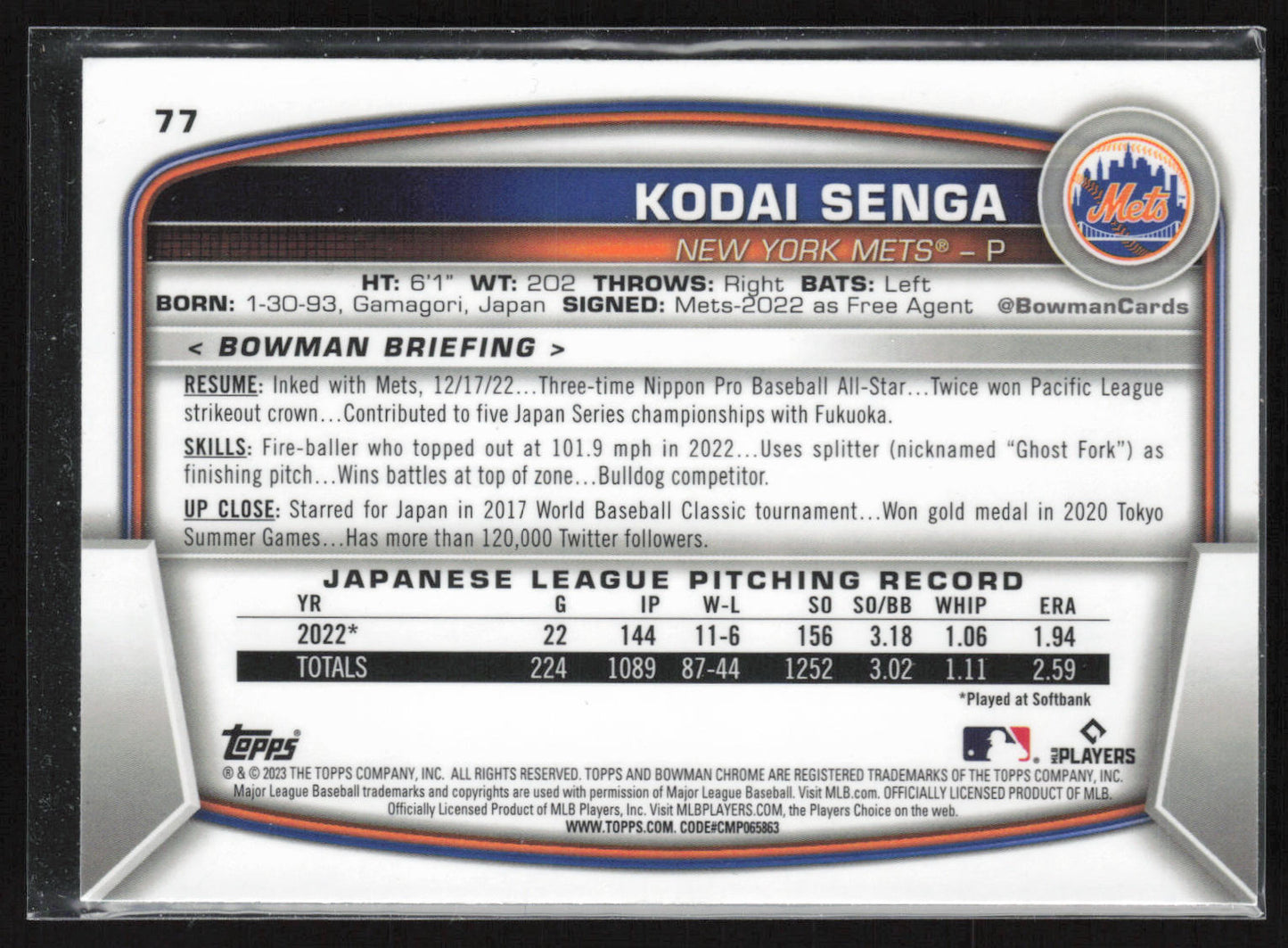 2023 Bowman Chrome #77 Kodai Senga
