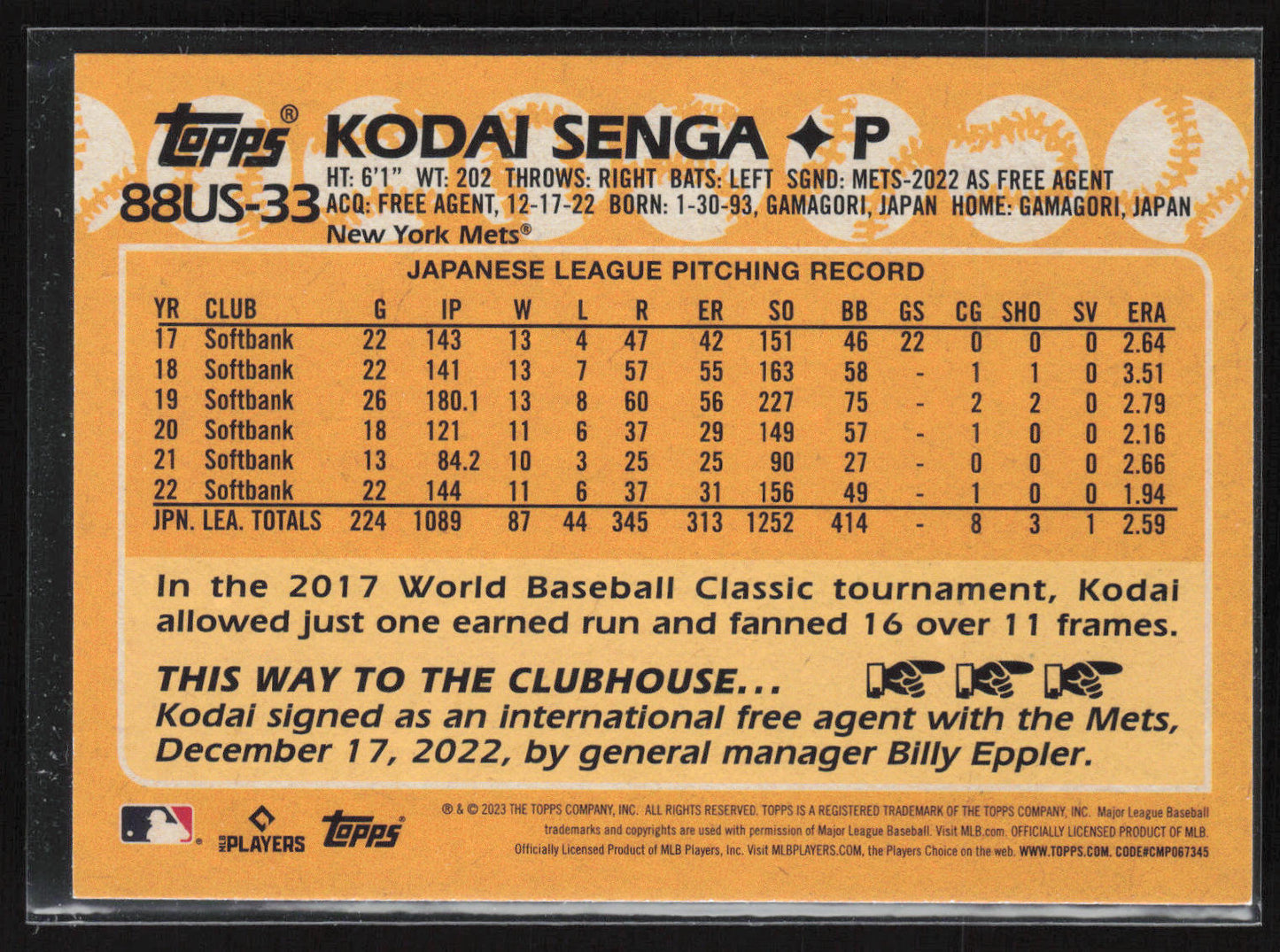 2023 Topps Update #88US-33 Kodai Senga 1988 Topps Baseball 35th Anniversary