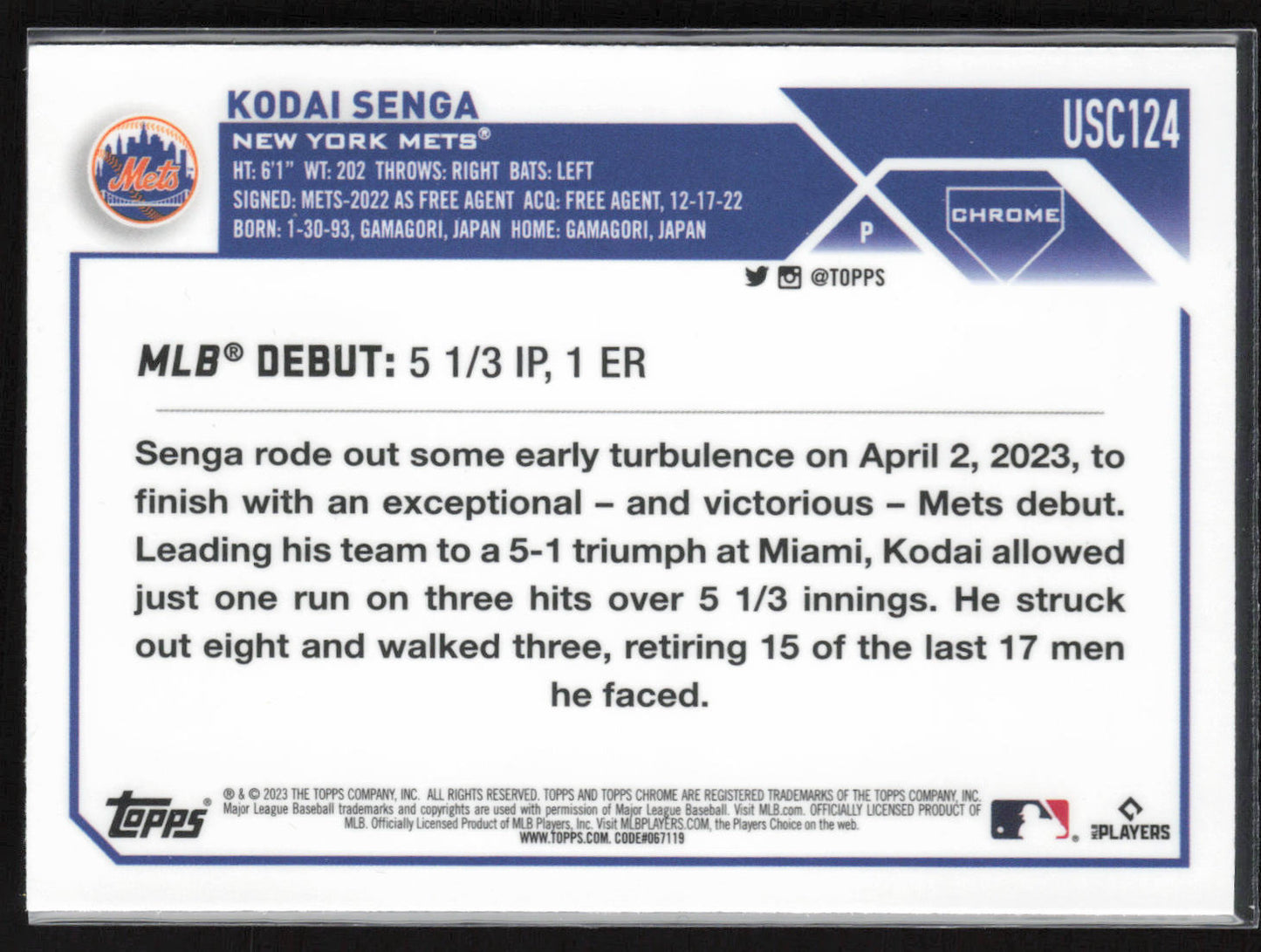 2023 Topps Chrome Update #USC124 Kodai Senga Refractor