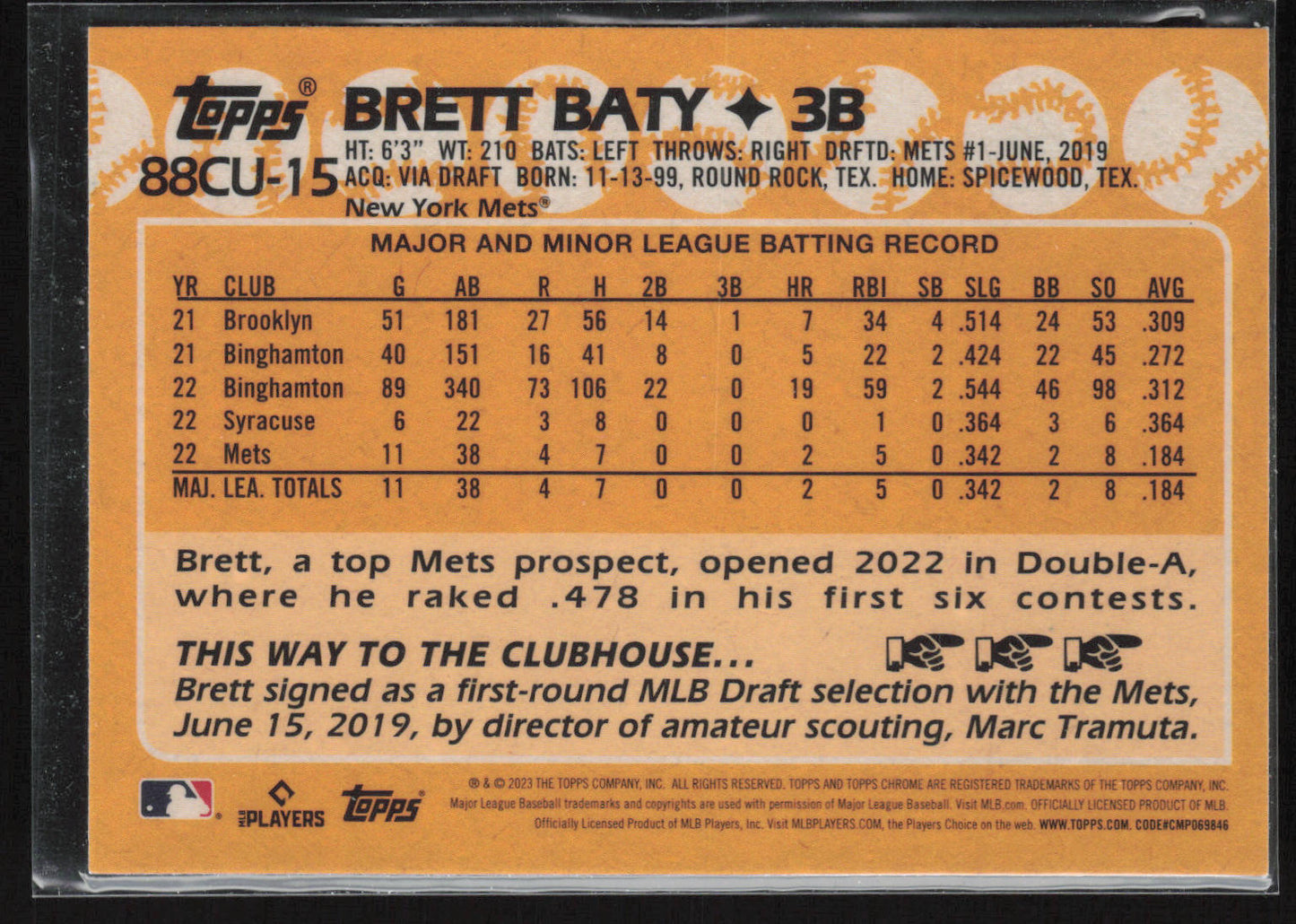 2023 Topps Chrome Update #88CU-15 Brett Baty 1988 Topps Baseball 35th Anniv.
