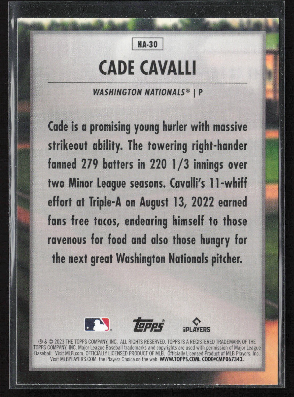 2023 Topps Update #HA-30 Cade Cavalli Home Field Advantage