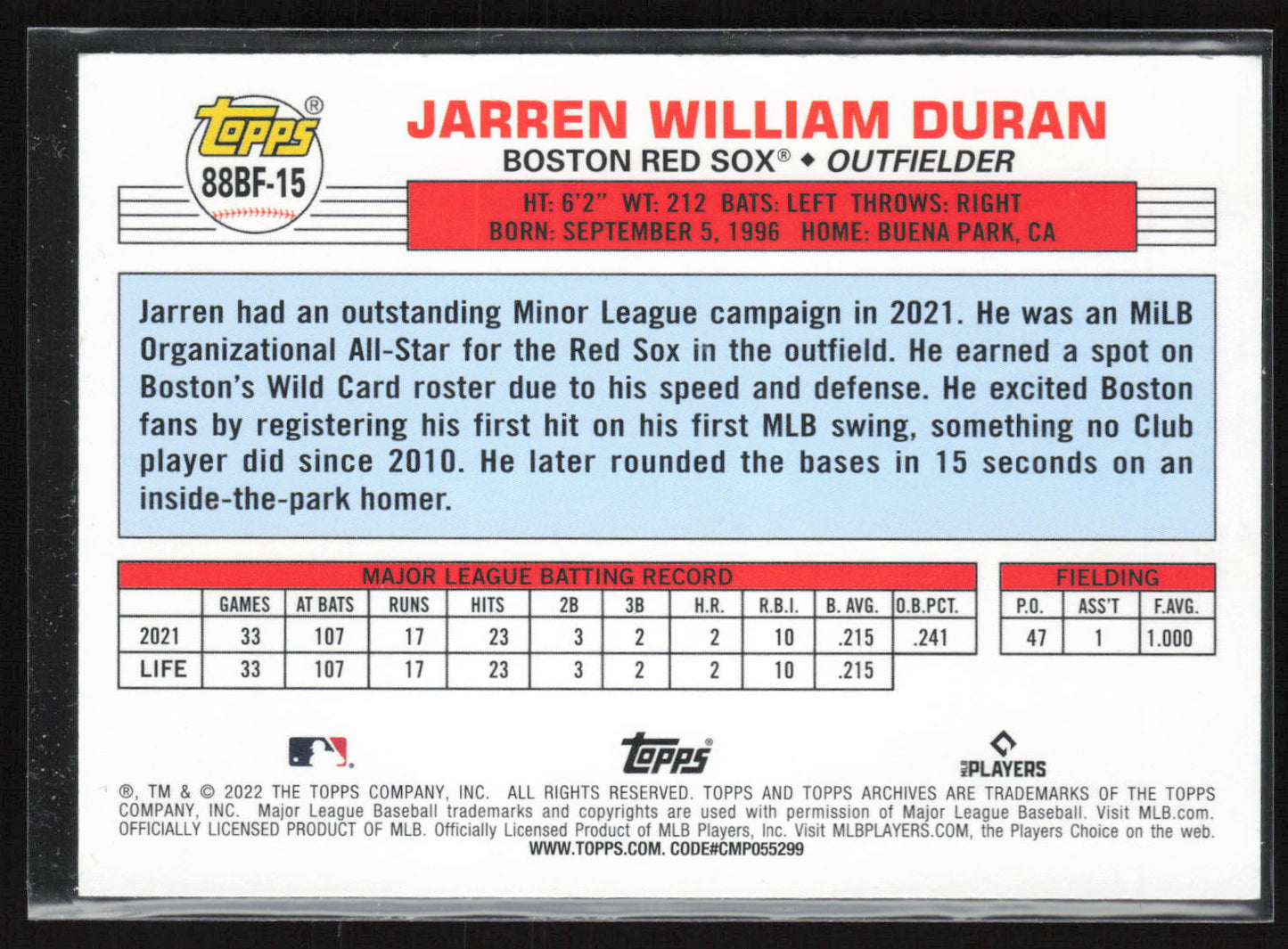 2022 Topps Archives #88BF-15 Jarren Duran 1988 Topps Big Foil Sky Blue