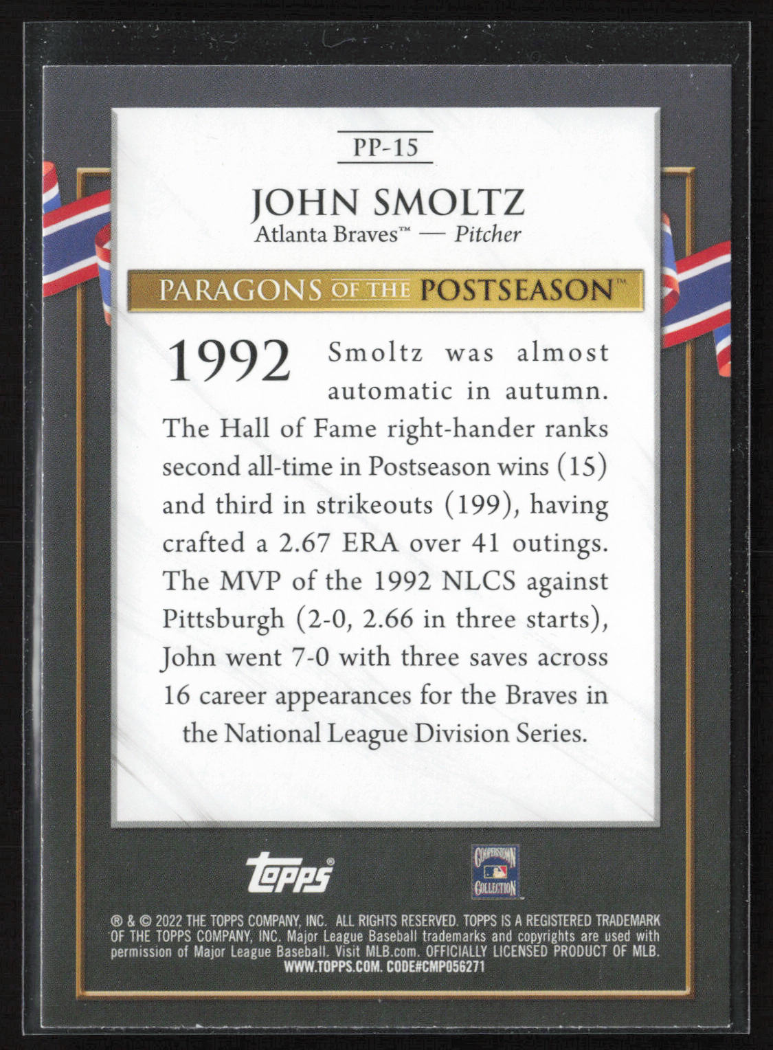 2022 Topps Update #PP-15 John Smoltz Paragons of the Postseason Blue