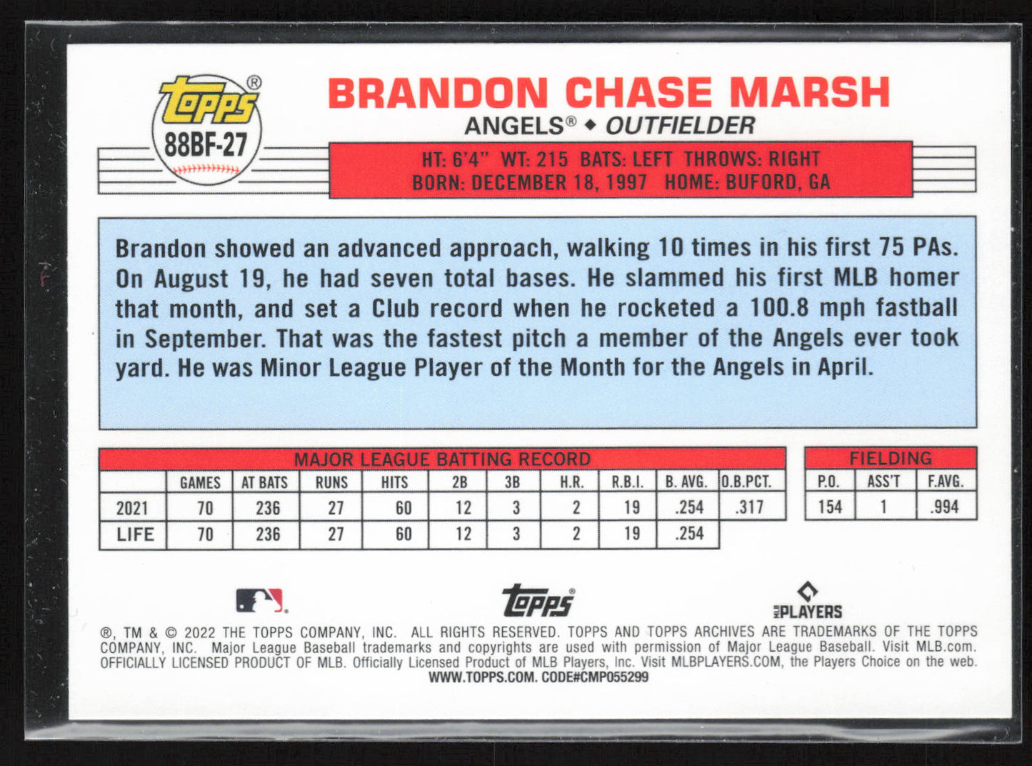 2022 Topps Archives #88BF-27 Brandon Marsh 1988 Topps Big Foil