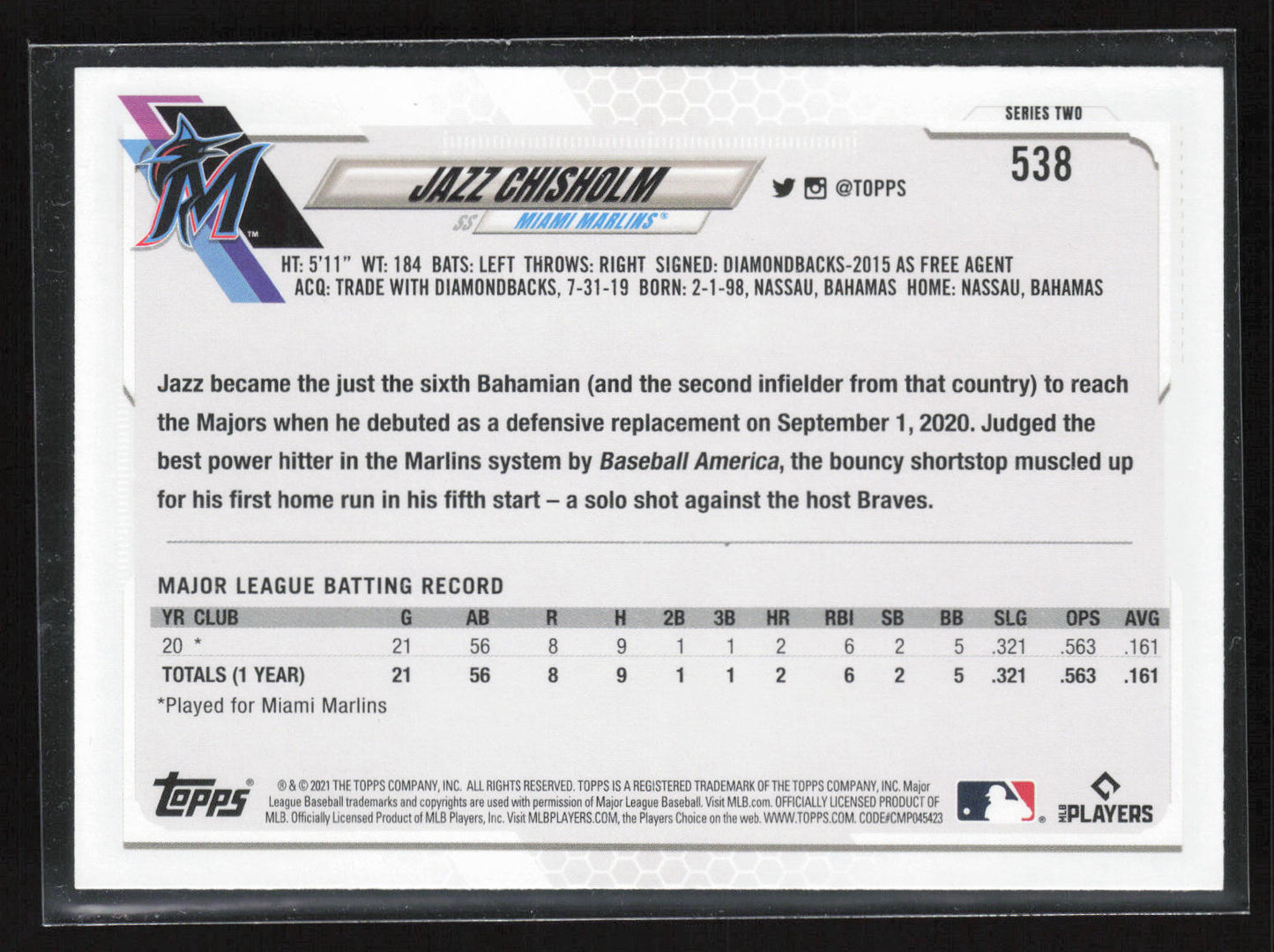 2021 Topps #538a Jazz Chisholm