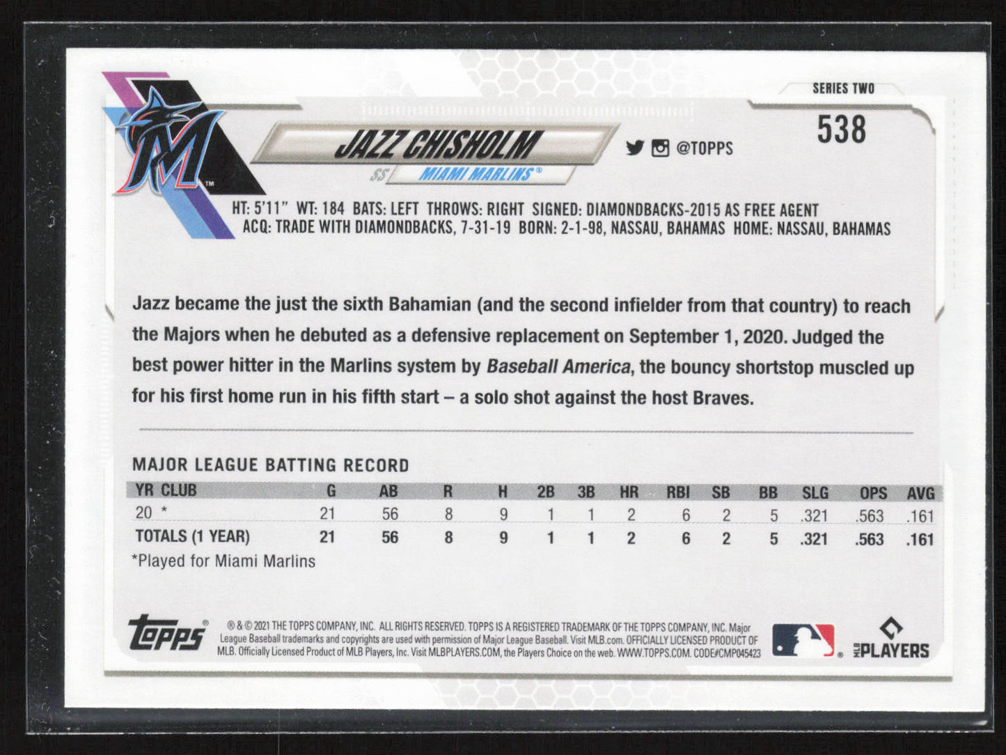 2021 Topps #538a Jazz Chisholm
