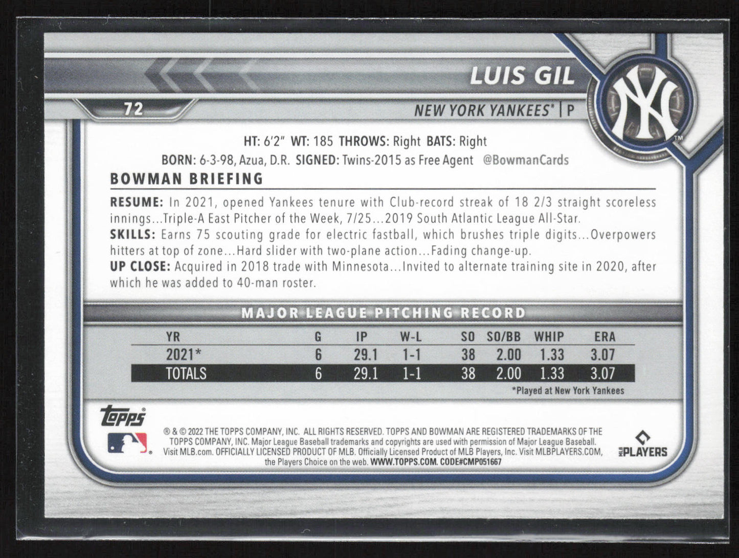 2022 Bowman #72 Luis Gil