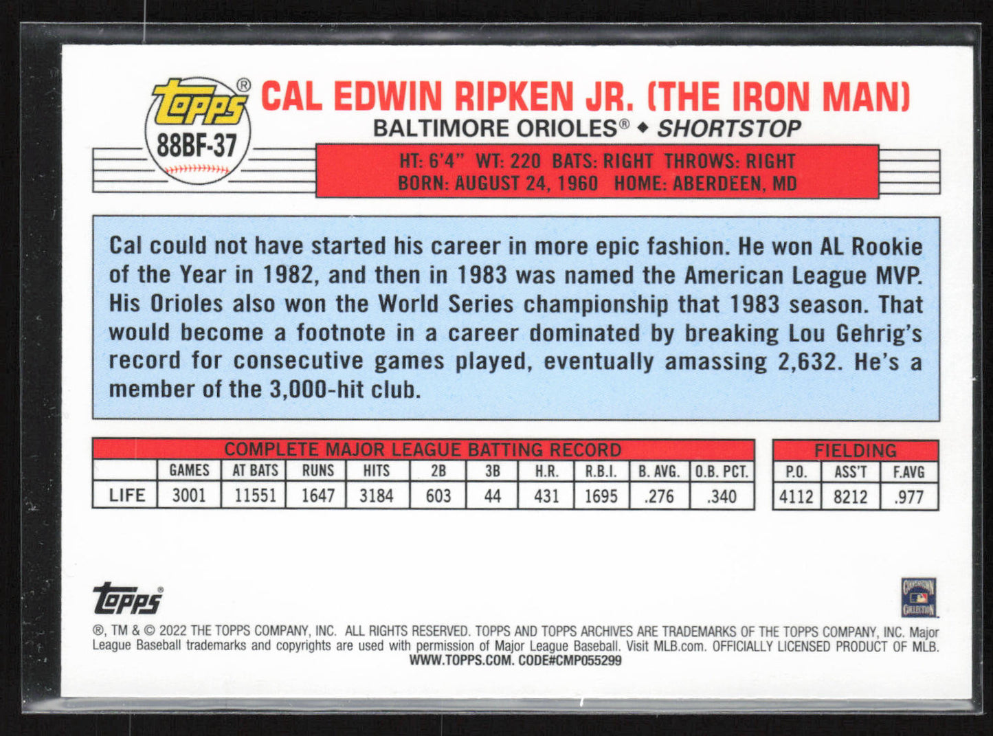 2022 Topps Archives #88BF-37 Cal Ripken Jr. 1988 Topps Big Foil Sky Blue