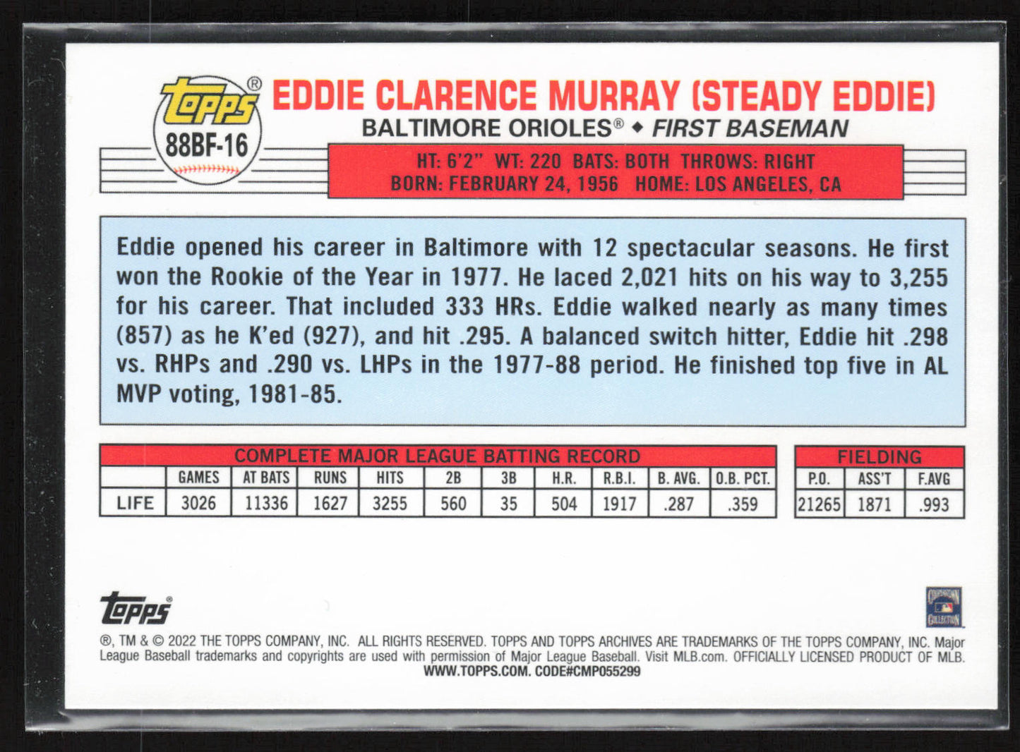 2022 Topps Archives #88BF-16 Eddie Murray 1988 Topps Big Foil