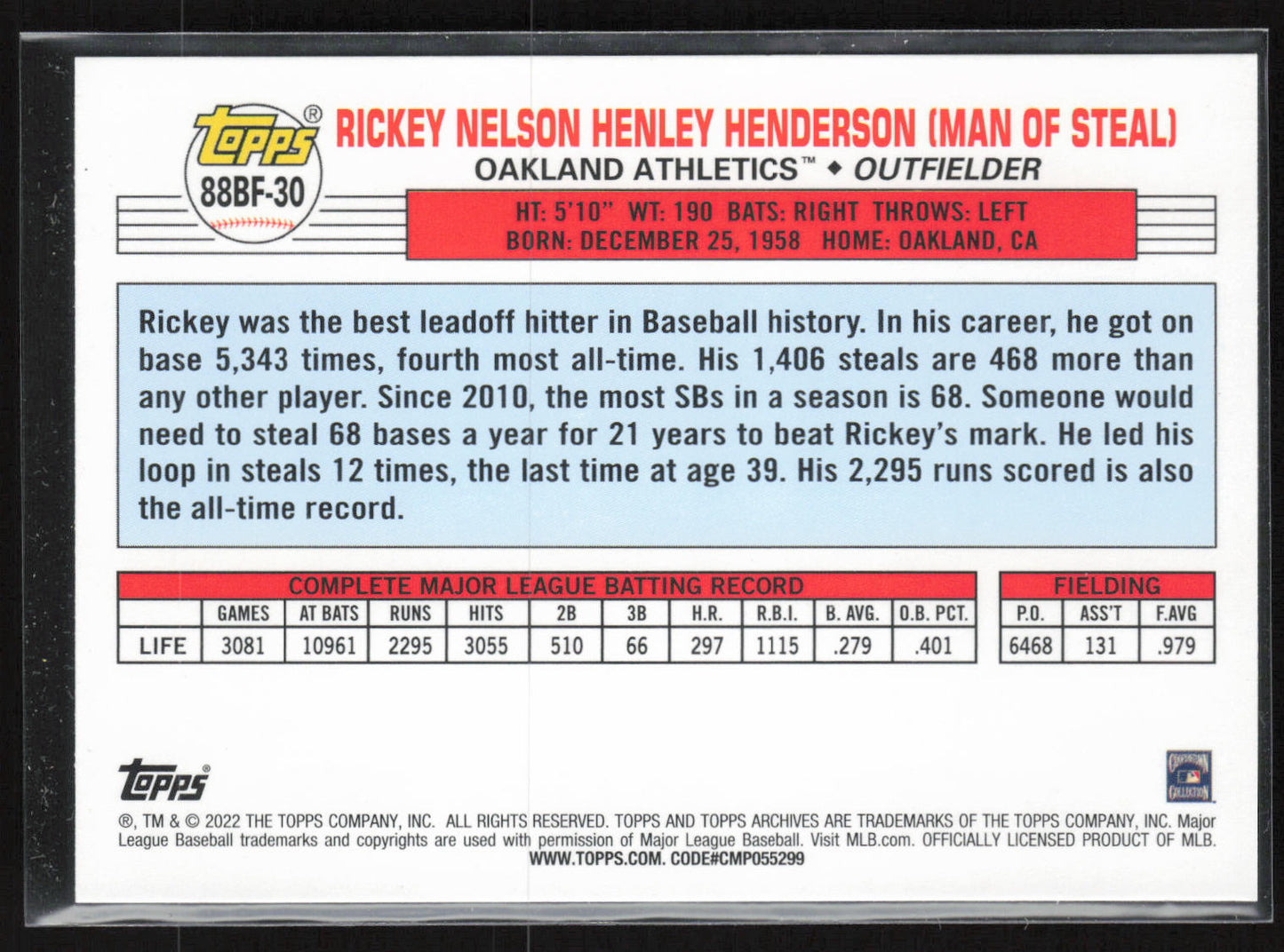 2022 Topps Archives #88BF-30 Rickey Henderson 1988 Topps Big Foil