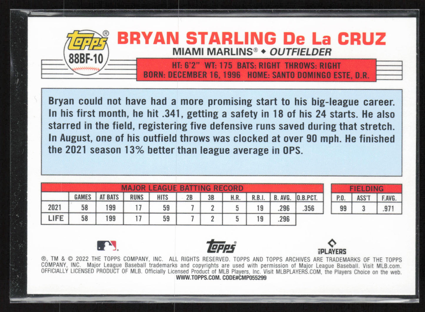 2022 Topps Archives #88BF-10 Bryan De La Cruz 1988 Topps Big Foil Autographs