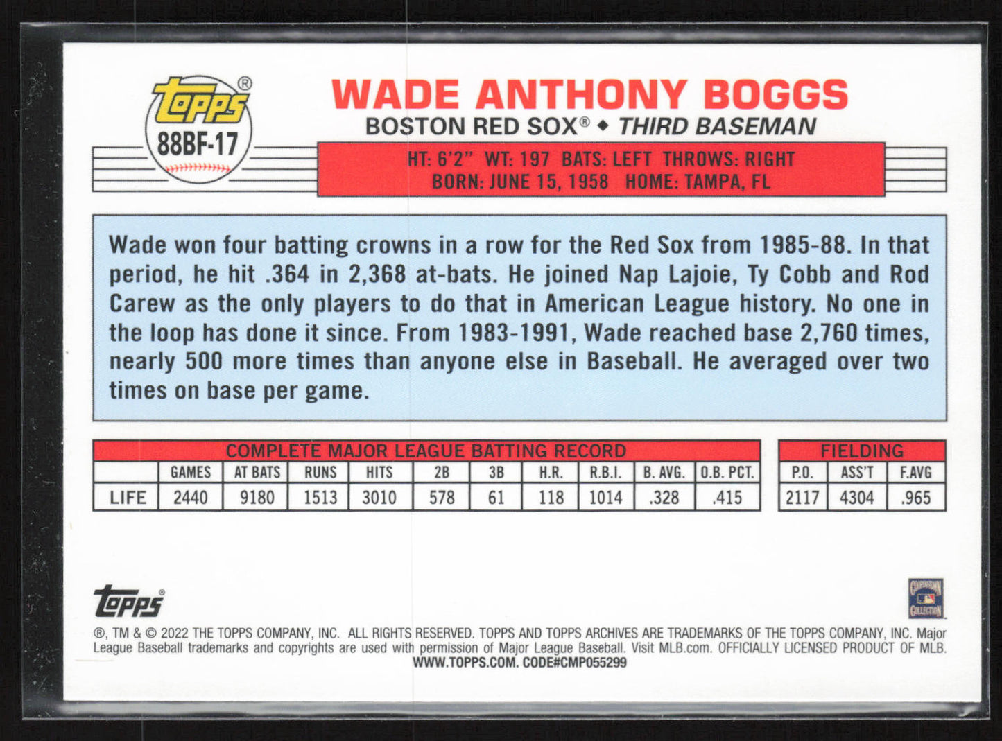 2022 Topps Archives #88BF-17 Wade Boggs 1988 Topps Big Foil