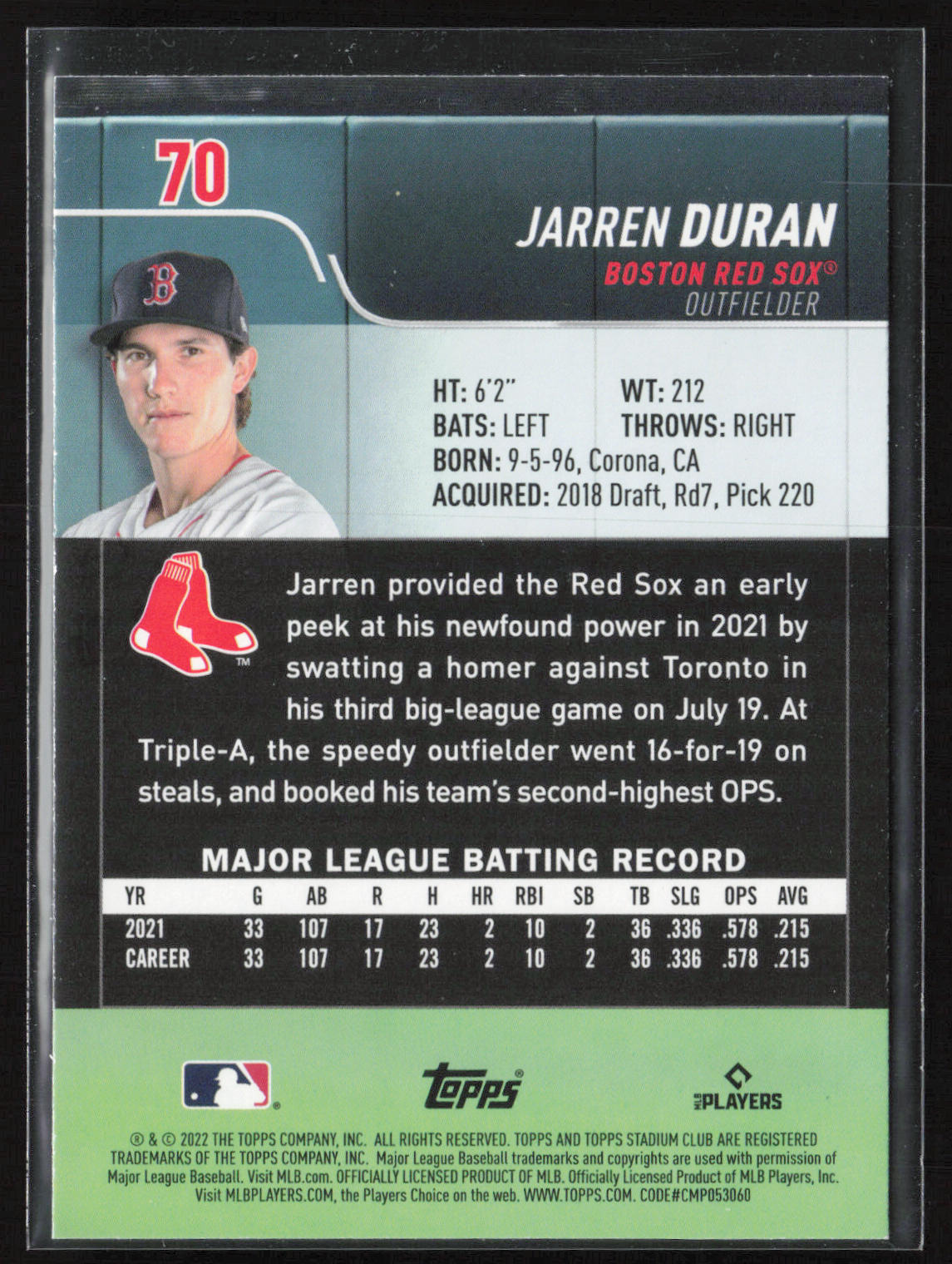 2022 Stadium Club #70 Jarren Duran