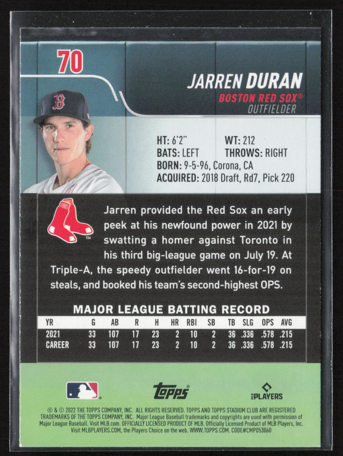 2022 Stadium Club #70 Jarren Duran