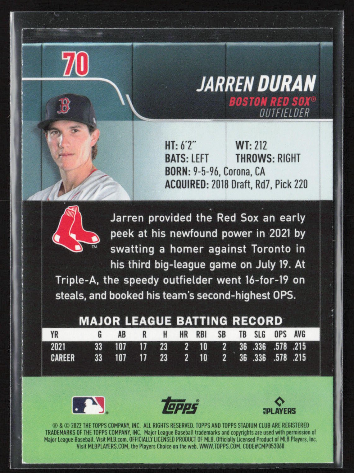 2022 Stadium Club #70b Jarren Duran