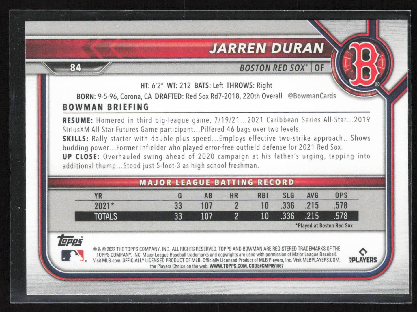 2022 Bowman #84 Jarren Duran