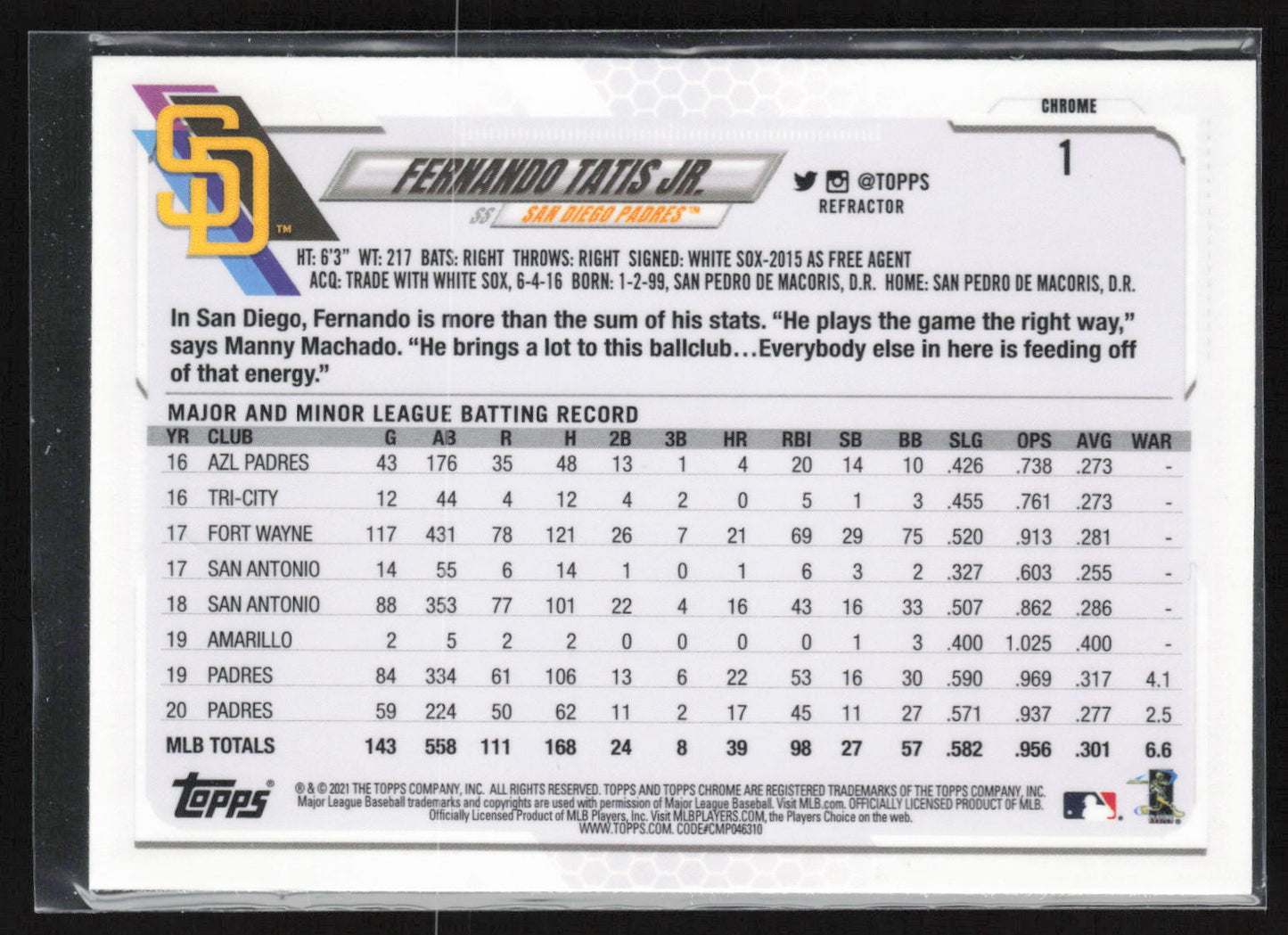 2021 Topps Chrome #1 Fernando Tatis Jr. Sepia Refractor