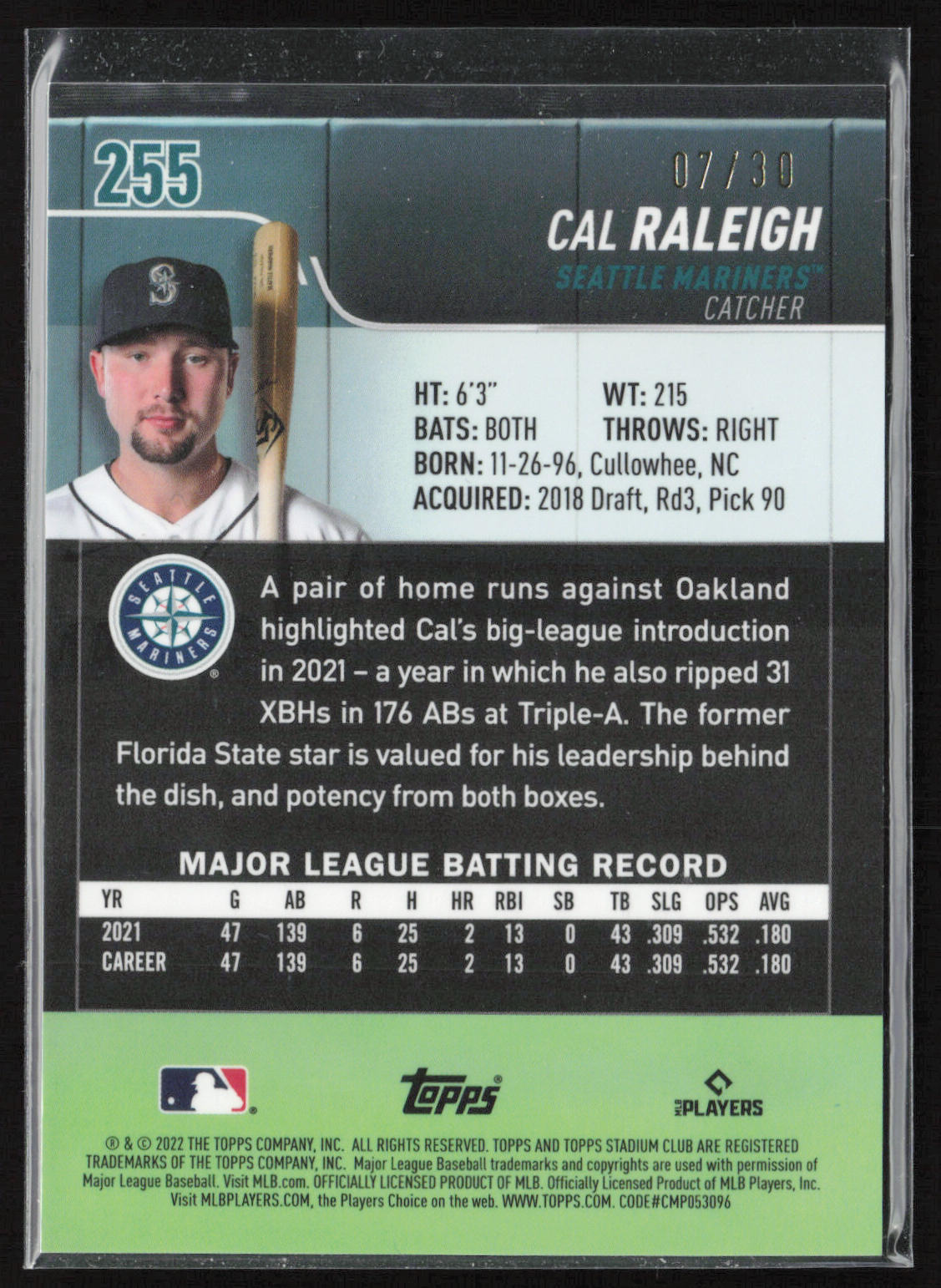2022 Stadium Club #255 Cal Raleigh Chrome Pearl White