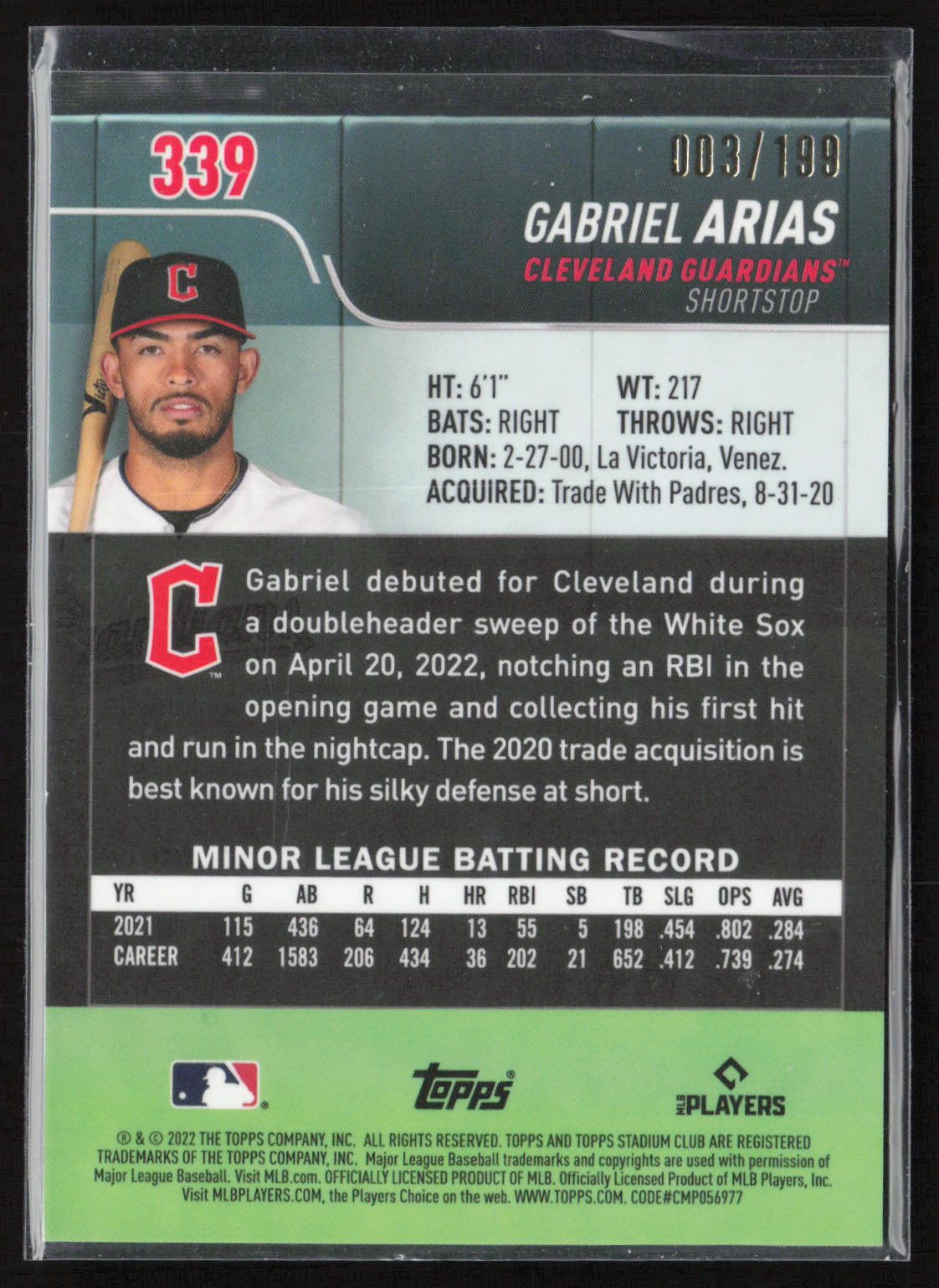 2022 Stadium Club Chrome #339 Gabriel Arias Blue Refractor