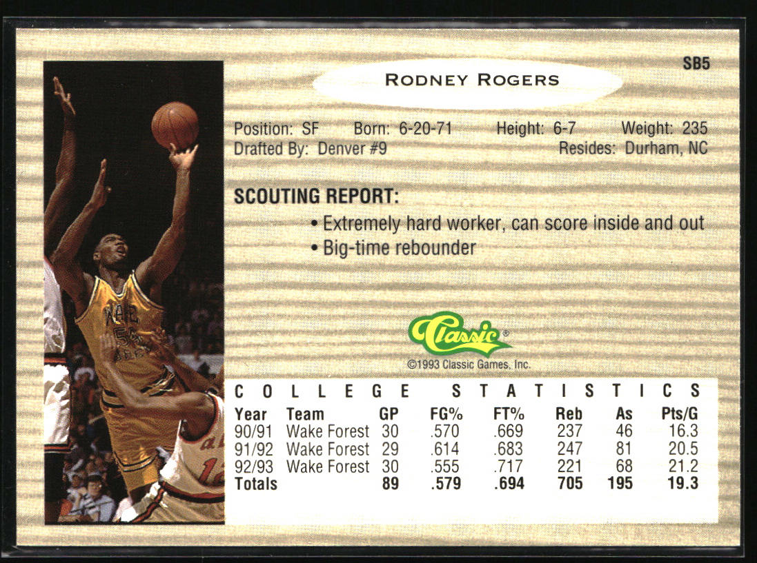 1993 Classic Draft Picks #SB5 Rodney Rogers Special Bonus