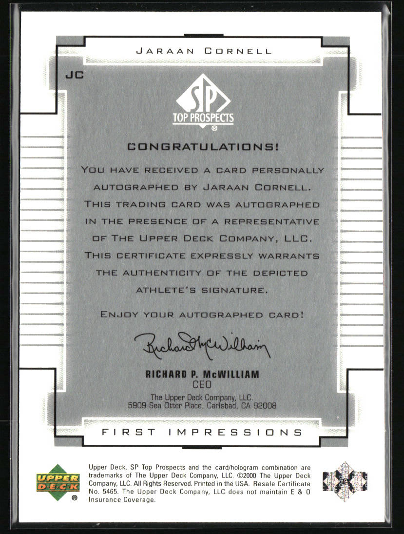 1999 Upper Deck SP Top Prospects #JC Jaraan Cornell AU
